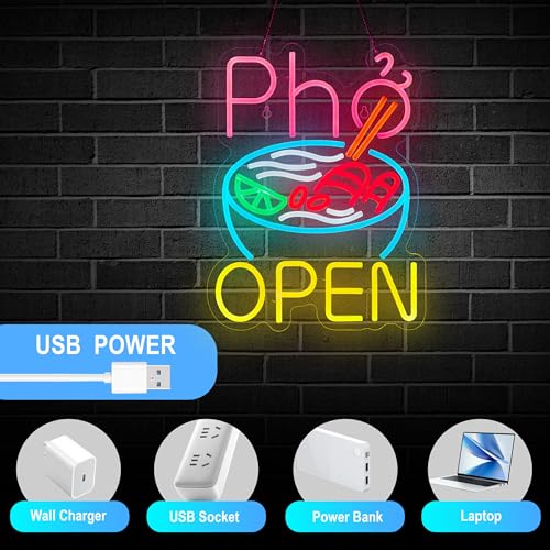 Image of Vietnamese Pho Open Neon Sign Dimmable USB Powered LED Ramen Bowl Open Signs for Restaurant Business Food Truck Kitchen Wall Decor Light