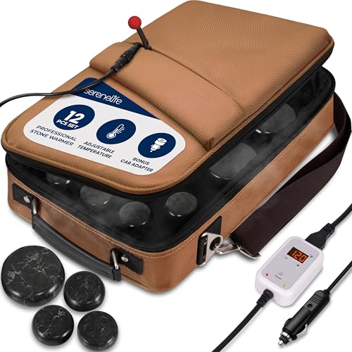 SereneLife Hot Stone Massage Set 12-Piece Set with Portable Brown Travel Bag & Digital Temp Control Basalt Rock Spa Set for Relaxation Recovery Home Therapy Athletes & Professionals