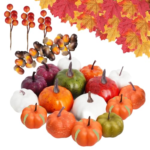 Aniepaa Decoración Otoño Set 59 Pcs, Calabazas Decorativas Mesa con Hojas Artificiales Hojas Arce Bellotas Piñas, Calabazas Bayas Rojas para Otoño Decoracion Acción Gracias Halloween(Naranja)