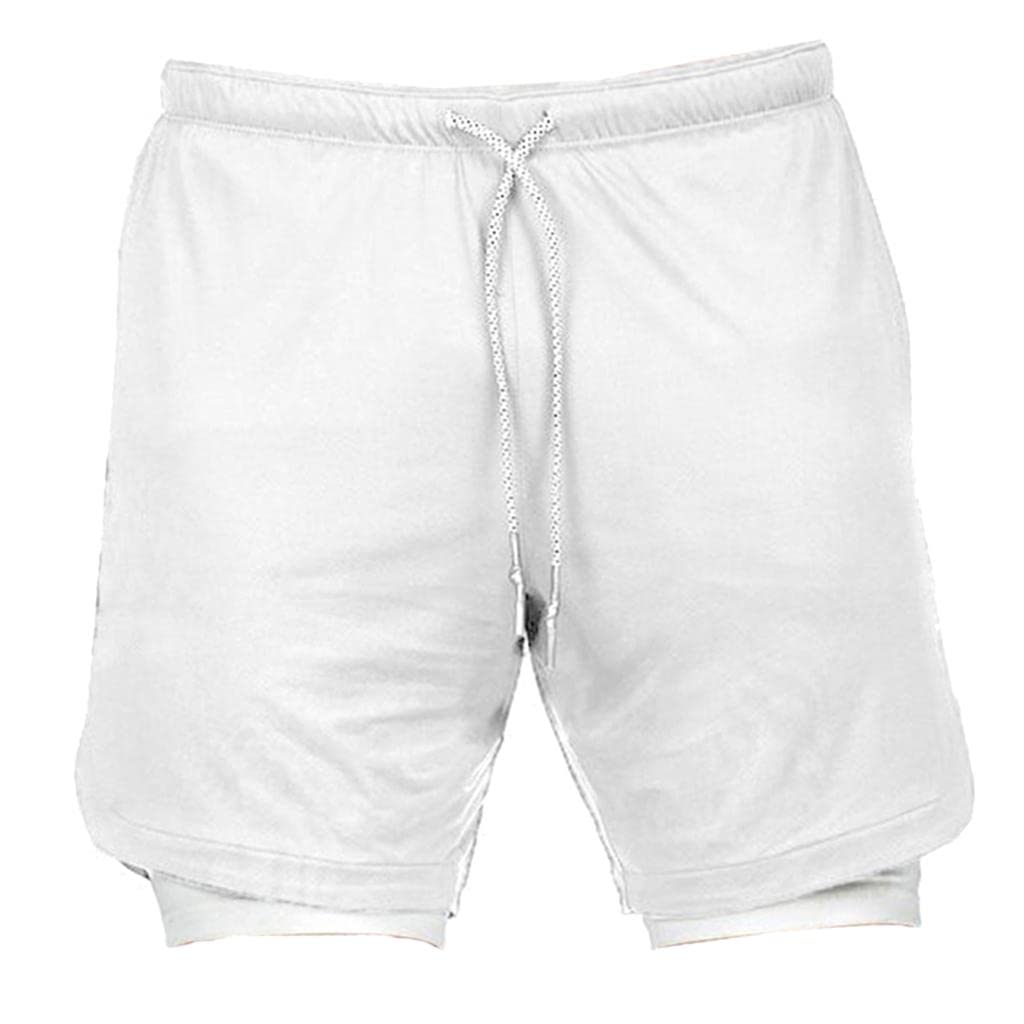 nivaa 2 in 1 Men Running Shorts Built In Base Layer Short Pants Pocket White M-picture-18