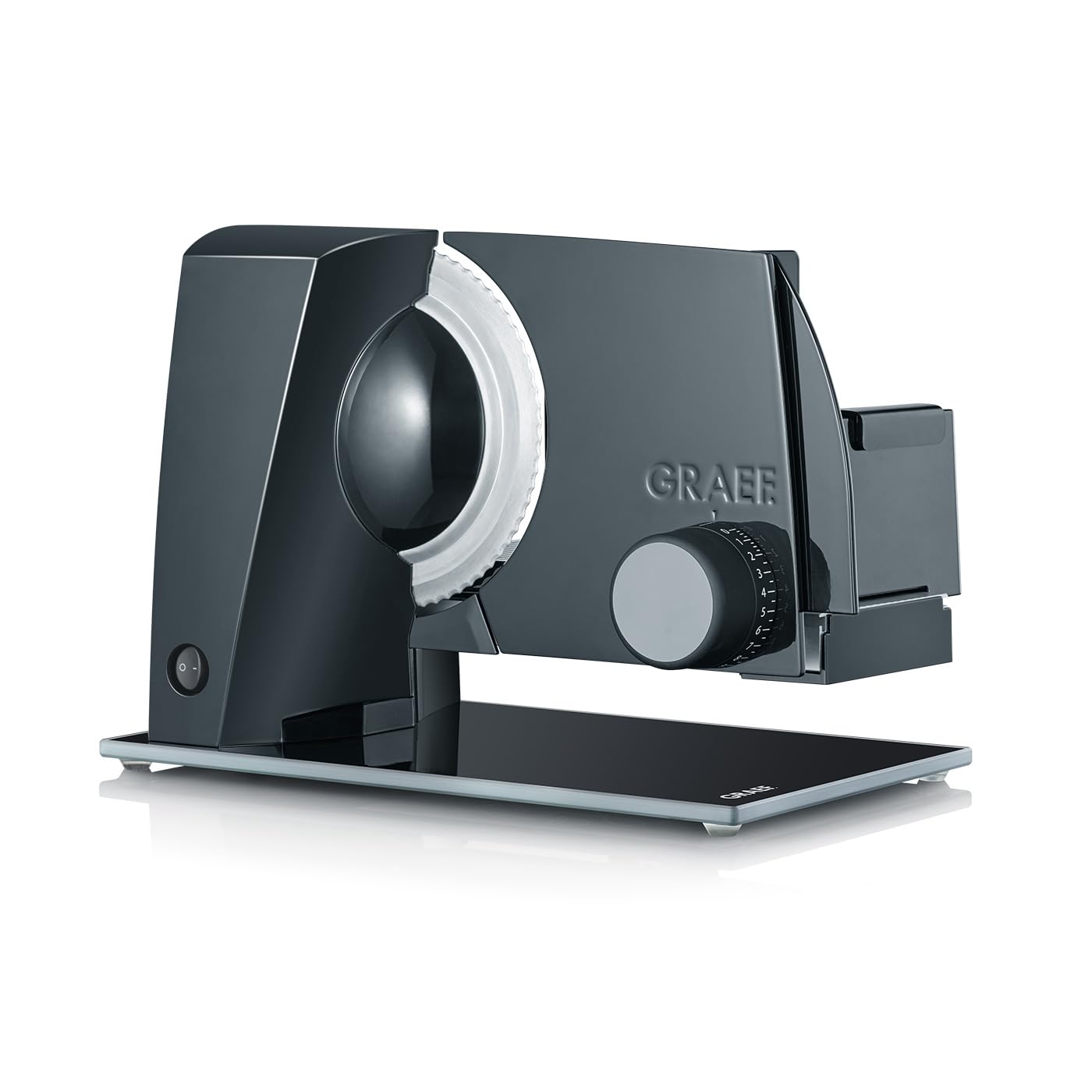 GRAEF Affettatrice STYLE S12002 nera, lama seghettata inox, taglio regolabile 0-20 mm, piastra vetro, blocco sicurezza, pulizia facile