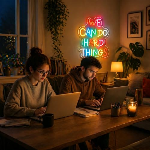 Image of We Can Do Hard Things Neon Sign for Wall Decor Light Up Sign Positive Led Signs for Class Room Party Home Wall Decor USB Powered