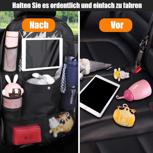 Ezilif Auto Rückenlehnenschutz Kinder, Wasserdicht Sitzschutz Auto Organizer mit 12 Zoll Tasche für iPad/Tablet, Autositz Organizer mit Kick-Matten-Schutz, Schwarz