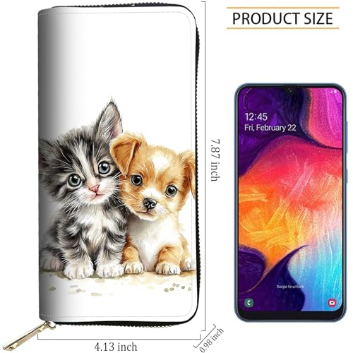 Image of RFID Blocking Leather Wallet for Women - Large Capacity Zip Around Clutch with 8 Card Slots,35 Cash Pockets & Coin Zipper,Cute Cat and Dog Watercolor Art