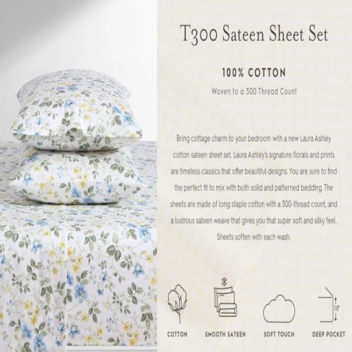 Image of Laura Ashley - Queen Sheets, Soft Sateen Cotton Bedding Set - Sleek, Smooth, & Breathable Home Decor (Lorelei Dark Blue, Queen)