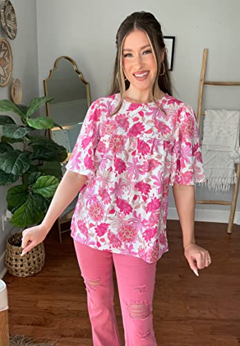Luvamia 2023 Women's Floral Boho Babydoll Flowy Top - Dressy Casual Bell Sleeve Shirt, Summer Maternity, Hot Pink, Size Medium #TOP5
