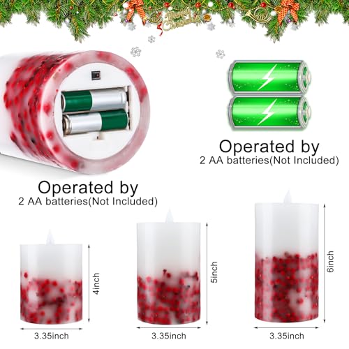 Image of Baquler 3 Pcs Christmas Flameless LED Candles Rowan Berries Embedded Real Wax Unscented Flicker Wick Pillar Candle Battery Operated Warm Light for Home Party Xmas Gift Decoration
