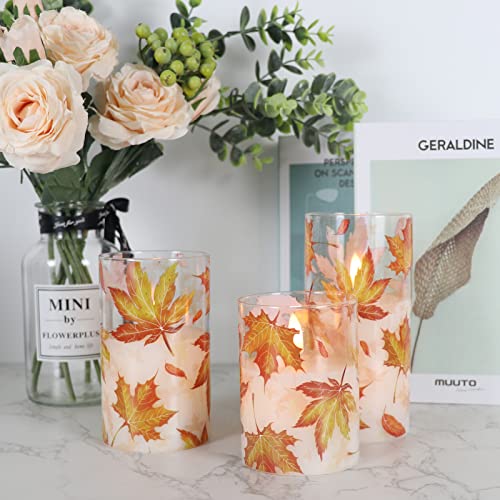Image of GenSwin Glass Maple Leaf Flameless Candles with Remote Timers, Battery Operated LED Flickering Candles, Real Wax Pillar Candles Christmas Wedding Decoration