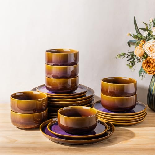 Image of TheTerra Ceramic Dinnerware Sets for 8, 24 Pieces Handmade Reactive Glaze Plates and Bowls Set, Scratch Resistant Dish Set, Oven & Microwave & Dishwasher Safe, Amber Amethyst