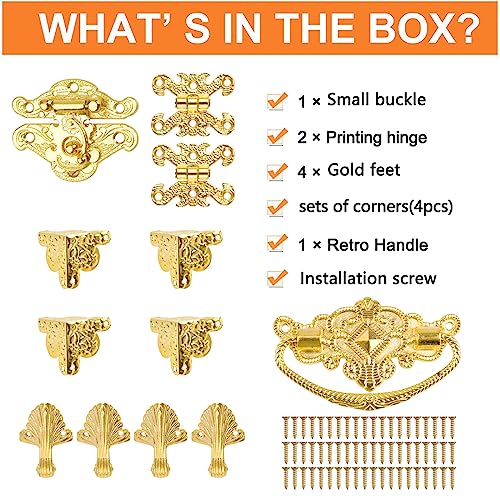 Morobor Gold Schmuckschatulle Antiker Verschluss Verschluss Hasp Scharniere Griff Box Eckschutz Kit für DIY Schmuckschatulle, Holzkoffer Schmuck Truhe Aufbewahrungsbox Box nicht enthalten