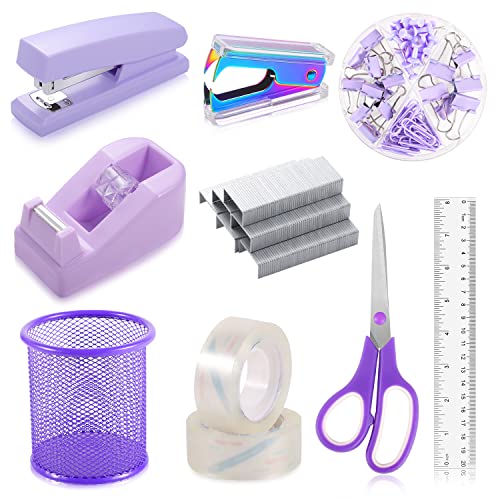 BESARME Purple Office Supplies Kit, Purple Desk Accessories Set of Stapler and Tape Dispenser Set with Staple Remover 1000 Staples Pen Holder Paper Clips Scissor Ruler Tape for Office Clerks Student