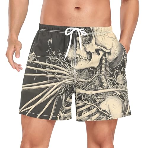 Mens Swim Trunks with Liner, Skeleton Black White Cool Quick Dry Beach Swim Shorts, Swimwear Bathing Suits S