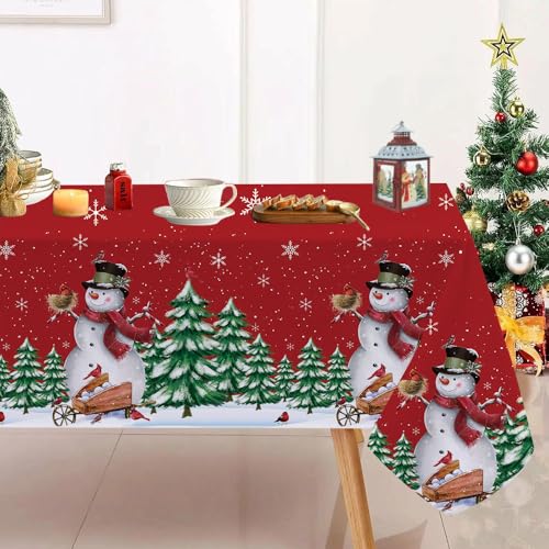 Quimoy Christmas Tablecloth 60×84 Inch Rectangular, Washable Xmas Trees Snowflake Table Cover, Red Winter Xmas Snowman Table Cloth for Christmas Party Picnic Kitchen Dinner Decor