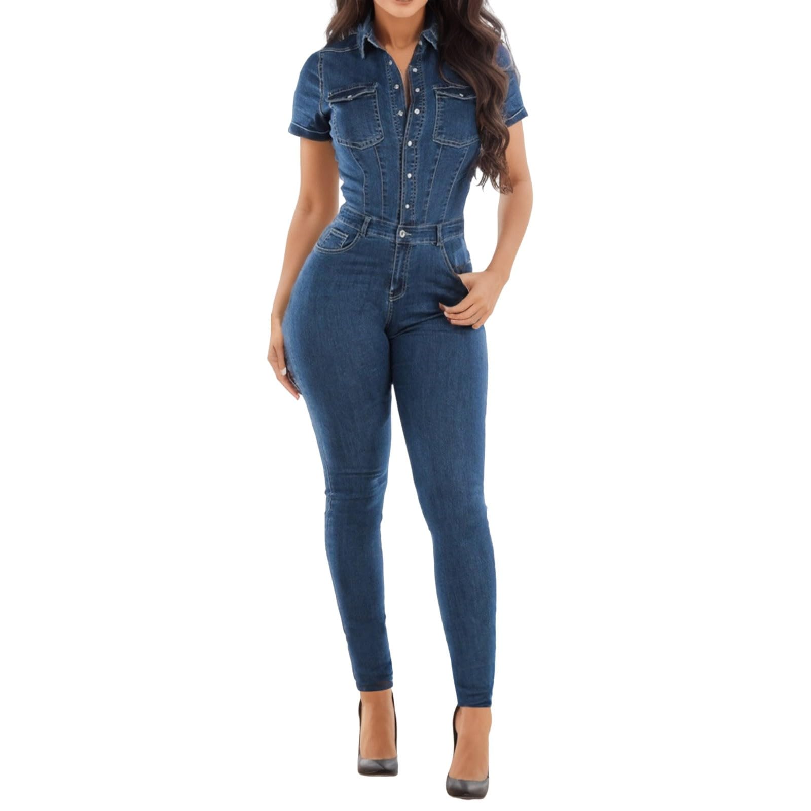 Genérico Mono Mujer Largo Vaquero Ajustado con Botones para Mujer, Mono Largo con Solapa, Pantalones Vaqueros de Longitud, Monos