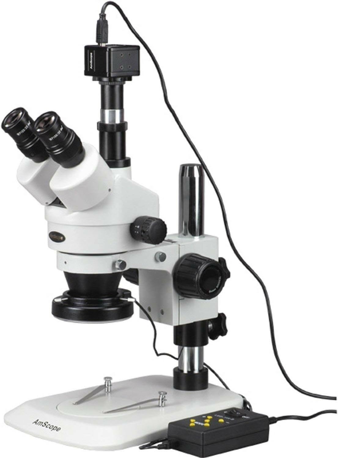 SM-1TNZ-144A-5M Digital Professional Trinocular Stereo Zoom Microscope, WH10x Eyepieces, 3.5X-90X Magnification, 0.7X-4.5X Zoom Objective, Four-Zone LED Ring Light, Pillar Stand, 110V-240V, Includes 0.5X and 2.0X Barlow Lenses and 5MP Camera with Reduction Lens and Software