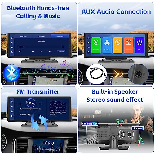 CAMECHO Wireless Apple Carplay Portable Car Stereo Android Auto, 10.26 Inch HD IPS Touch Screen Carplay Screen for Car, Portable Radio Receiver with Voice Control GPS Bluetooth FM AUX 32G TF Card