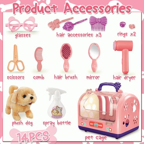 TEUVO 14Stück Hund Spielzeug Kinder, Spielzeug Hund der Läuft und Bellt mit Tierkäfig und Kuscheltier Interaktiver Elektrischer Plüsch Interaktives Haustier Hund Geschenke für 2-8 Jahre Mädchen Jungen