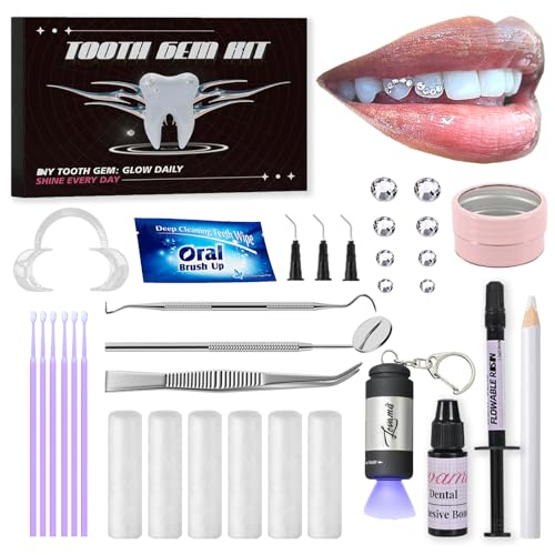 Lovamis Tooth Gem Kit High-Shine Crystal Tooth Gems Safe & Long-Lasting Adhesive Complete Dental Jewelry Starter Kit for Salon & Personal Use (Round kit)