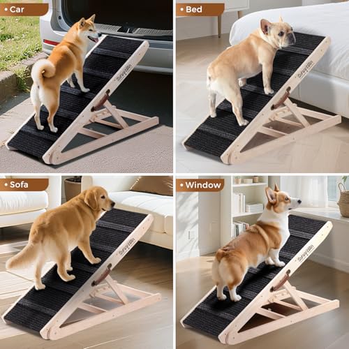 Hundehilz fürs Bett - Faltbar, von klein bis groß für Couch - 6 einstellbare Höhen von 30,5 bis 61cm - Stufen mit rutschfester Matte-Holzportabler Hundehilz zum Aufstieg auf Bett, Couch, Auto bis 90kg