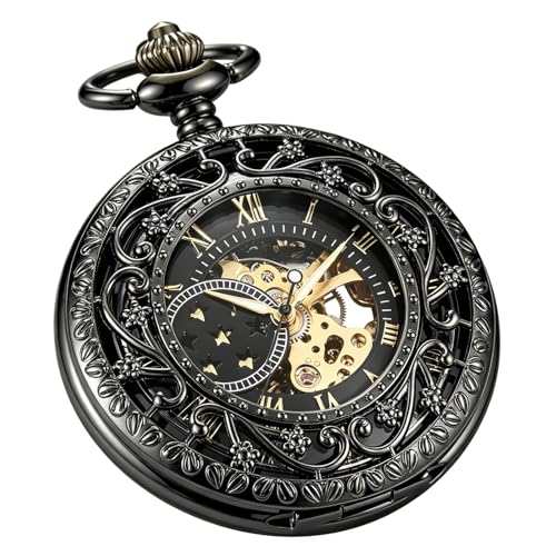 Image of Fashion Skeleton Mechanical Pocket Watch, Antique Roman Numeral Dial Mechanical Pocket Watches for Men with Box
