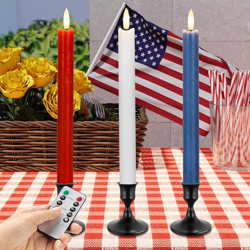 Image of Red White and Blue Flameless Taper Candles with Remote, 9.6 inch Real Wax Patriotic Flameless Candles, Battery Operated 4th of July Candlesticks, Flickering Independence Day Candle Decor, 3 Pack