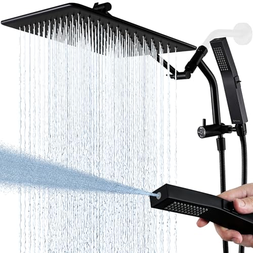 G-Promise All Metal 12 Inch Rain Shower Head with Power Wash Mode Handheld Spray Combo, Pause Setting 3-way Diverter, Full Body Coverage Waterfall Showerhead, Luxury Bathroom Upgrade (Matte Black)