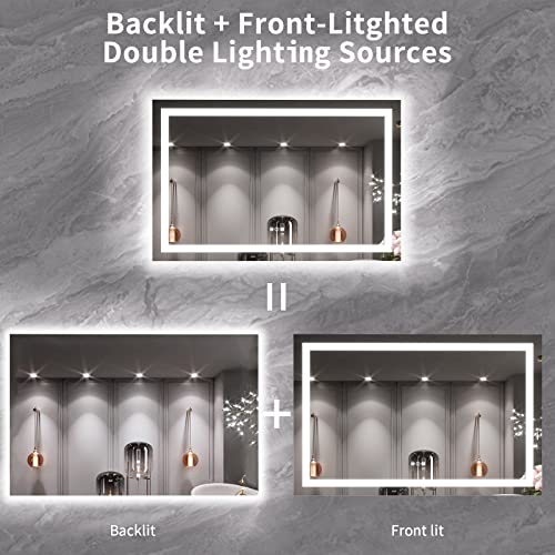 LOAAO 55X36 LED Bathroom Mirror with Lights, Anti-Fog, Dimmable, Backlit + Front Lit, Lighted Bathroom Vanity Mirror for Wall, Memory Function, Tempered Glass, ETL Listed