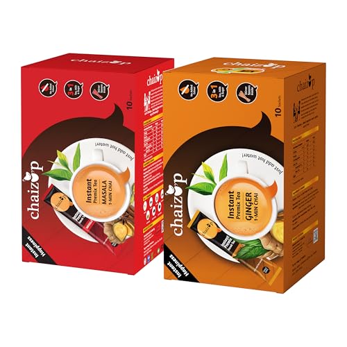 Image of Chaizup Premium 1 Min Instant Assorted Tea Pack - 20 Sachets | Ginger & Masala Flavours | 20 Servings | 2 Packs (10 Flavours Each) | 280g