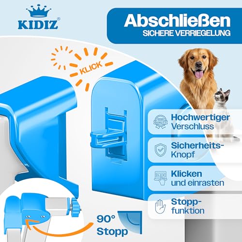 KIDIZ Treppenschutzgitter ohne Bohren | Verstellbare Breite: 88-94 cm, 75 cm hoch, Türschutzgitter und Absperrgitter für Kinder und Hunde, Beidseitige Einhand Öffnung, 90° Open-Stop System, Weiß/Blau