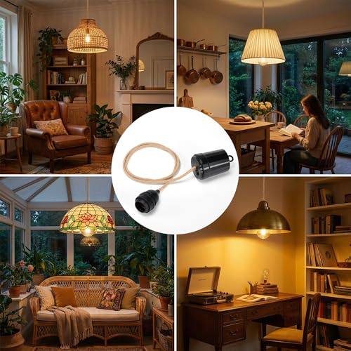 pearlstar Battery Operated Hanging Pendant Lights, Outdoor Indoor DIY Twisted Hemp Rope Overhead Lamp, Wireless Farmhouse Industrial Home Lighting Decor, Replacement Light for Large Rattan Lamps by pearlstar - Used condition - Image 5