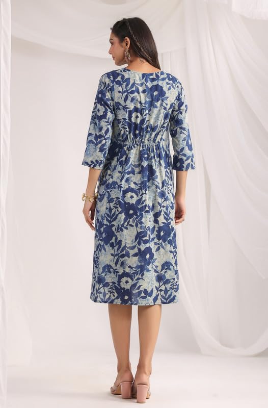 Image of Janasya Women's Cotton Floral Printed Gathered Dress