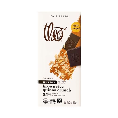 Theo Organic Fairtrade Black Rice Quinoa Crunch 85% Dark Chocolate Bar, Vegan, 3-oz (Pack de 6)