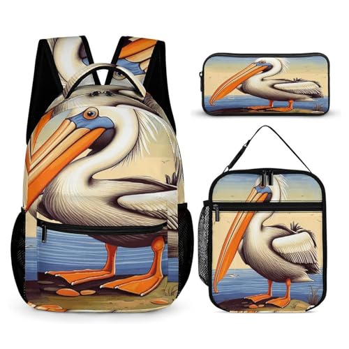 Pelican Birds Printed Backpack With Lunch Pack Storage Box Case 3pcs Lightweight Travel Backpack