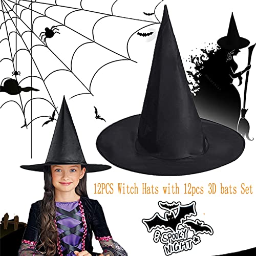 Tmflexe WSM12 12Pcs Halloween Witch Hats + 12Pcs 3D Bats Stickers - Costume Accessories For Parties, Cosplay thumb #1