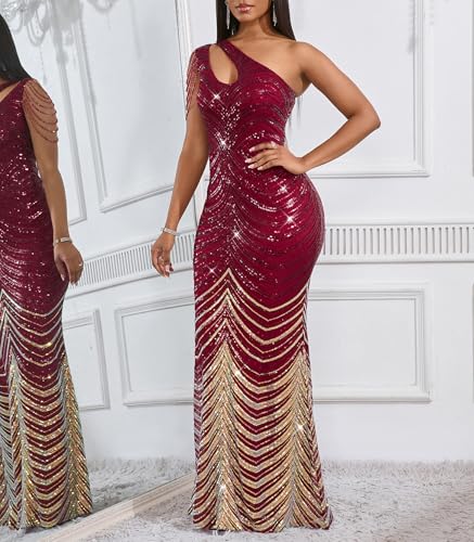 Image of Cololura Women Sequin Elegant Sexy One Shoulder Tassel Mermaid Bodycon Cocktail Evening Dress