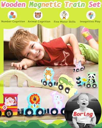 11 pcs magnetic train set montessori toys for 1 2 3 years old toddlers boys girls wooden animals preschool learning activities educational sensory toys birthday gifts ages 1-3 2-4