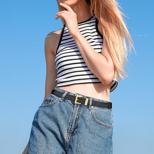 2 Pack Women's Leather Belts for Jeans Pants Dresses Fashion Ladies Wasit Belt with Square Golden Buckle3