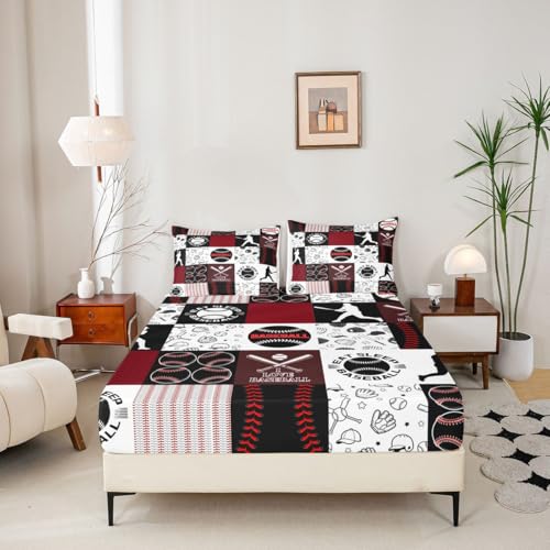 Image of Castle Fairy Patchwork Baseball Bed Sheet King Set,Sports Geometric Grid Red Sheet Sets Adults Room Decoration,Baseball Bedding Set with Flat,Fitted Sheet,2 Pillow Cases