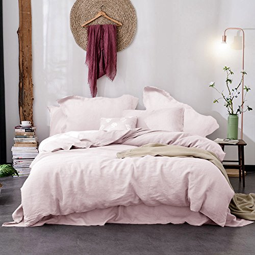 Merryfeel Linen Duvet Cover Set Queen Size, 100% French Linen Luxurious Duvet Cover Set, Natural Flax 3 Pieces Bedding Set (1 Duvet Cover With 2 Pillowshams) - Light Pink - Breathable #TOP4