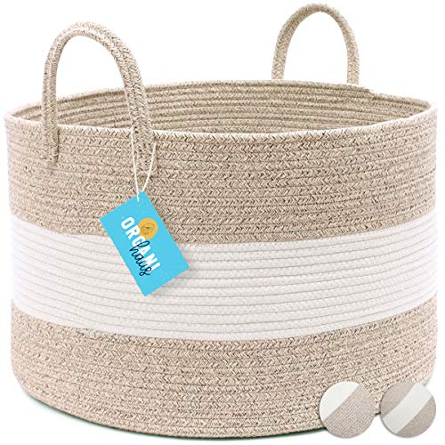 OrganiHaus Cotton Rope Basket in Brown and Off-White |Extra Large Blanket Storage Basket
