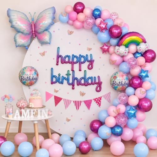Image of AMFIN (Pack of 94) Butterfly Theme Birthday Decoration Kit Metallic Finish Women Girls Item Pink Blue Rainbow Flower