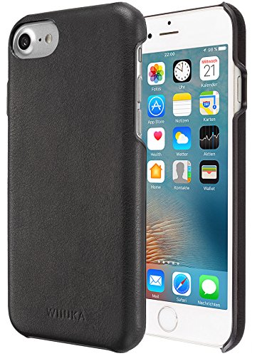WIIUKA Echt Lederhülle - Touch - kompatibel mit Apple iPhone SE (2022/2020) / 8/7 Hülle mit Kantenschutz extra Dünn Tasche Schwarz Case