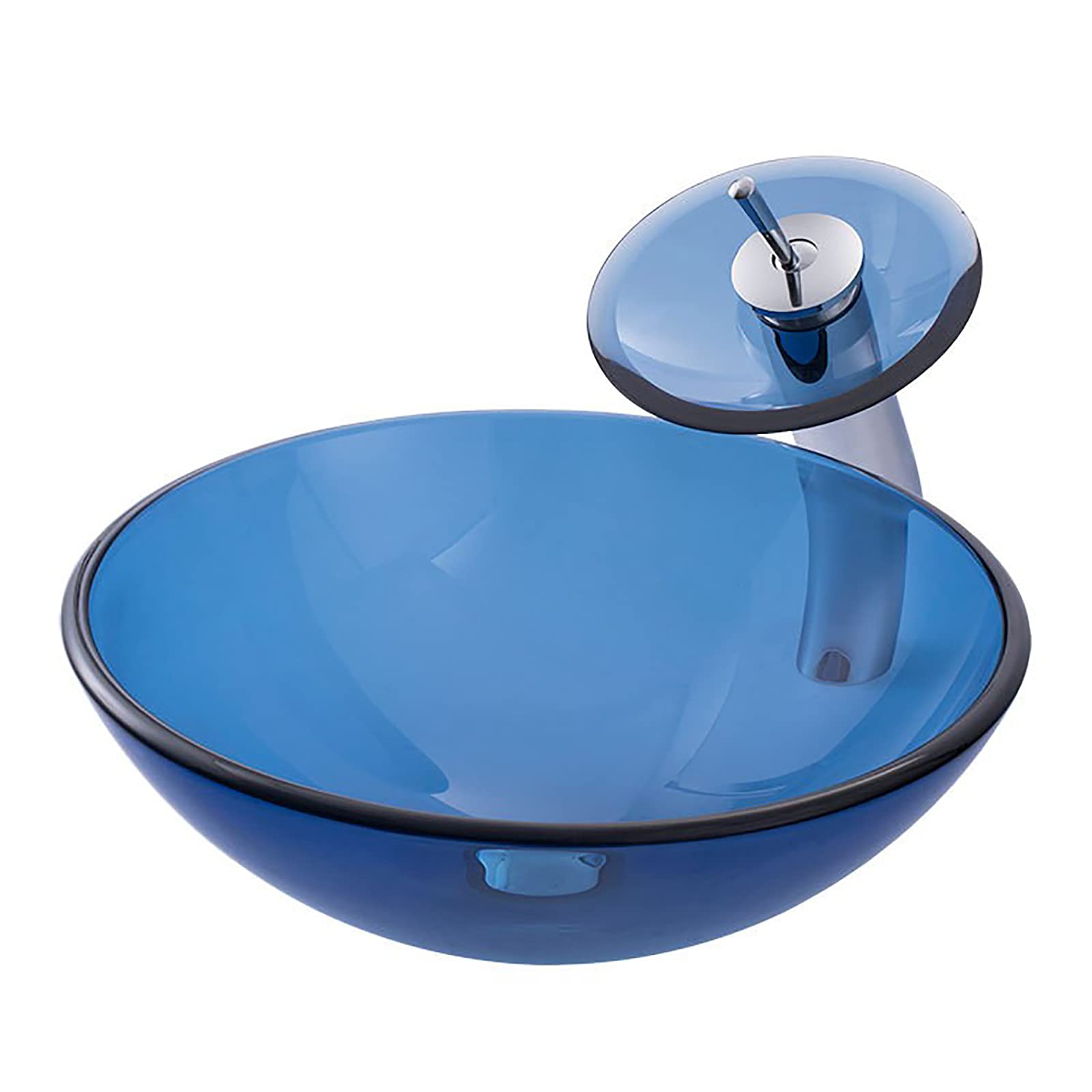 Gljtuo Blue Countertop Sink Bowl Tempered Glass Vanity Sink Bowl On The Top Art Vessel Bowl Sink With Waterfall Faucet, Drain Combo And Mounting Ring