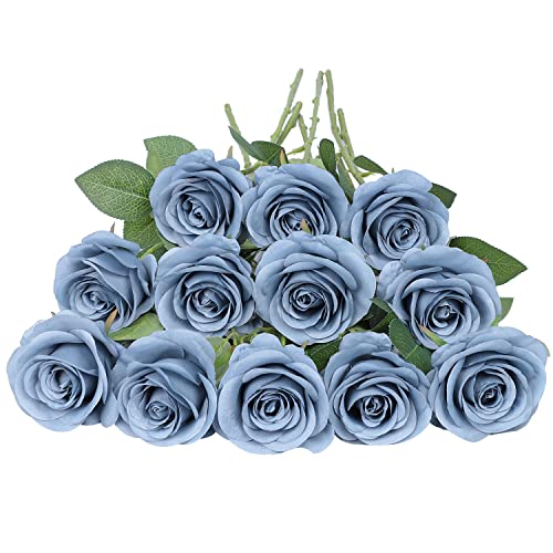 Artificial Rose Flower Dusty Blue Flowers Dusty Blue Roses Silk Flowers 12 pcs with Long Stem Silk Roses Bouquet for Wedding Bridal Shower Party Home Decoration