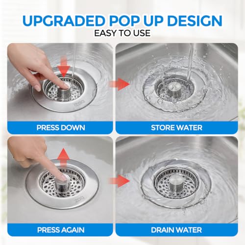 Image of ZAA 3-in-1 Kitchen Sink Drain Strainer, 304 Stainless Steel Sink Stopper | Silver, fits 3-1 /2 inch US drains, tool-free. Pop-up for storage /drain. Anti-clog, easy empty. Oil-resistant, dishwasher safe