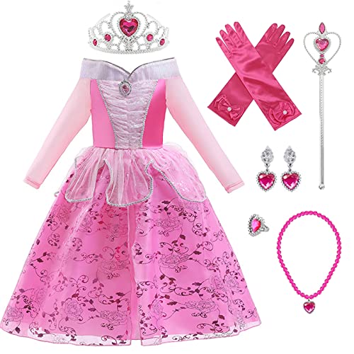 LOBTY Mädchen Aurora Prinzessin Kleid mit Accessoires Dornröschen Verkleidung Kinder Prinzessin Kleid Geburtstag Party Weihnachten Halloween Karneval Cosplay Kostüm Cover
