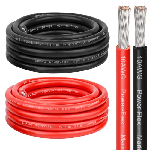 10 Gauge Marine Wire 10 AWG Tinned Copper Electrical Wire Boat Cable for Automotive Solar Car Audio Trailer Camper & Marine Wiring(10 AWG 10FT Red + 10FT Black)