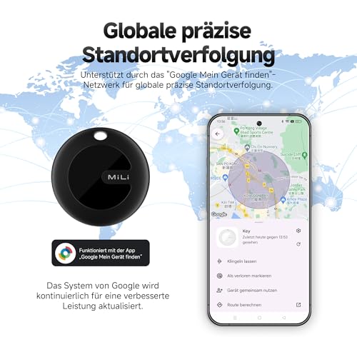 MiLi MiTag Android Smart Tag, Schlüsselfinder KeyFinder kompatibel mit Google Mein Gerät Finden APP (Android NUR), Bluetooth Key Finder für Gepäck/Taschen/Koffer/Brieftasche, Schwarz-4Pack
