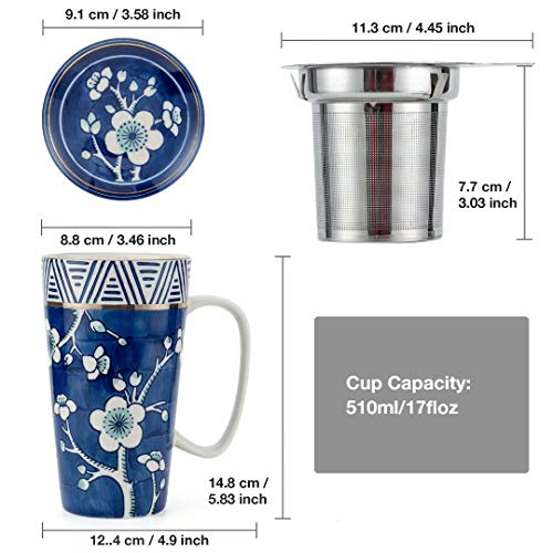 Taimei Teatime Hand Painted Tea/Coffee Mug, Ceramic Tea Cup with Infuser and Lid, 17 fl oz Large Tea Maker for Loose Leaf Tea, Blue and White - Thumbnail 6