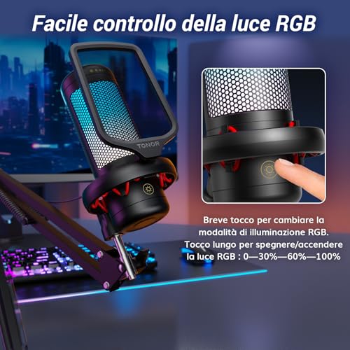 TONOR Gaming Mic, Microfono USB con Supporto per Braccio, Micro a Condensatore Cardioide con RGB e Luminosità Regolabili, Mute Rapido, Controllo del Guadagno, per Streaming, Gaming TC310+ - Immagine 2